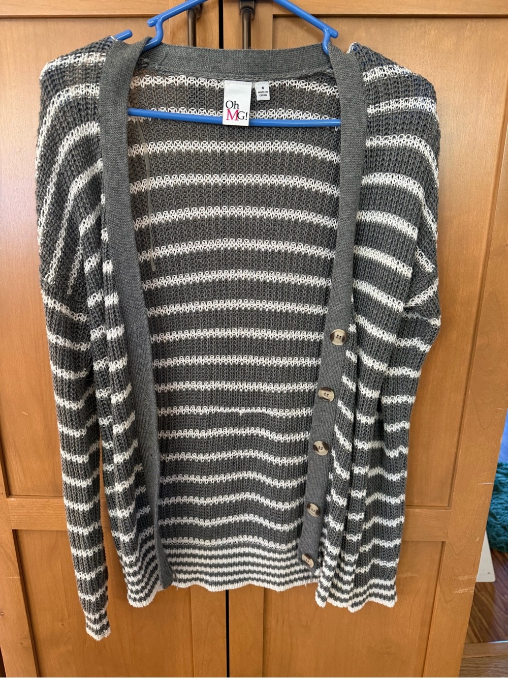 Oh MG! Women's Gray and White Striped Button-Up Cardigan